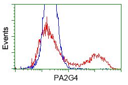 HEK293T cells transfected with either Myc-DDK tagged PA2G4 plasmid (Red) or empty vector plasmid (Blue) were immunostained with anti-Myc mouse monoclonal antibody (TA150121) at 1:100, and then analyzed by flow cytometry.