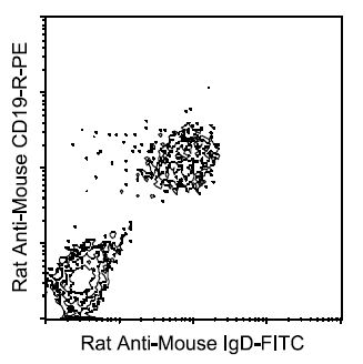 BALB/c splenocytes were double-stained with rat anti mouse IgD-FITC and rat anti-mouse CD19-R-PE Small lymphocytes were then gated and analyzed using a FACScan(TM) flow cytometer (BDIS, San Jose, CA).