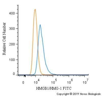 Flow Cytometry: HMGB1/HMG-1 Antibody TA301448 - An intracellular stain was performed on RH-30 cells with  TA301448F (blue) and a matched isotype control (orange). Cells were fixed with 4% PFA and then permeabilized with 0.1% saponin. Cells were incubated in an antibody dilution of 10 ug/mL for 30 minutes at room temperature. Both antibodies were conjugated to FITC.